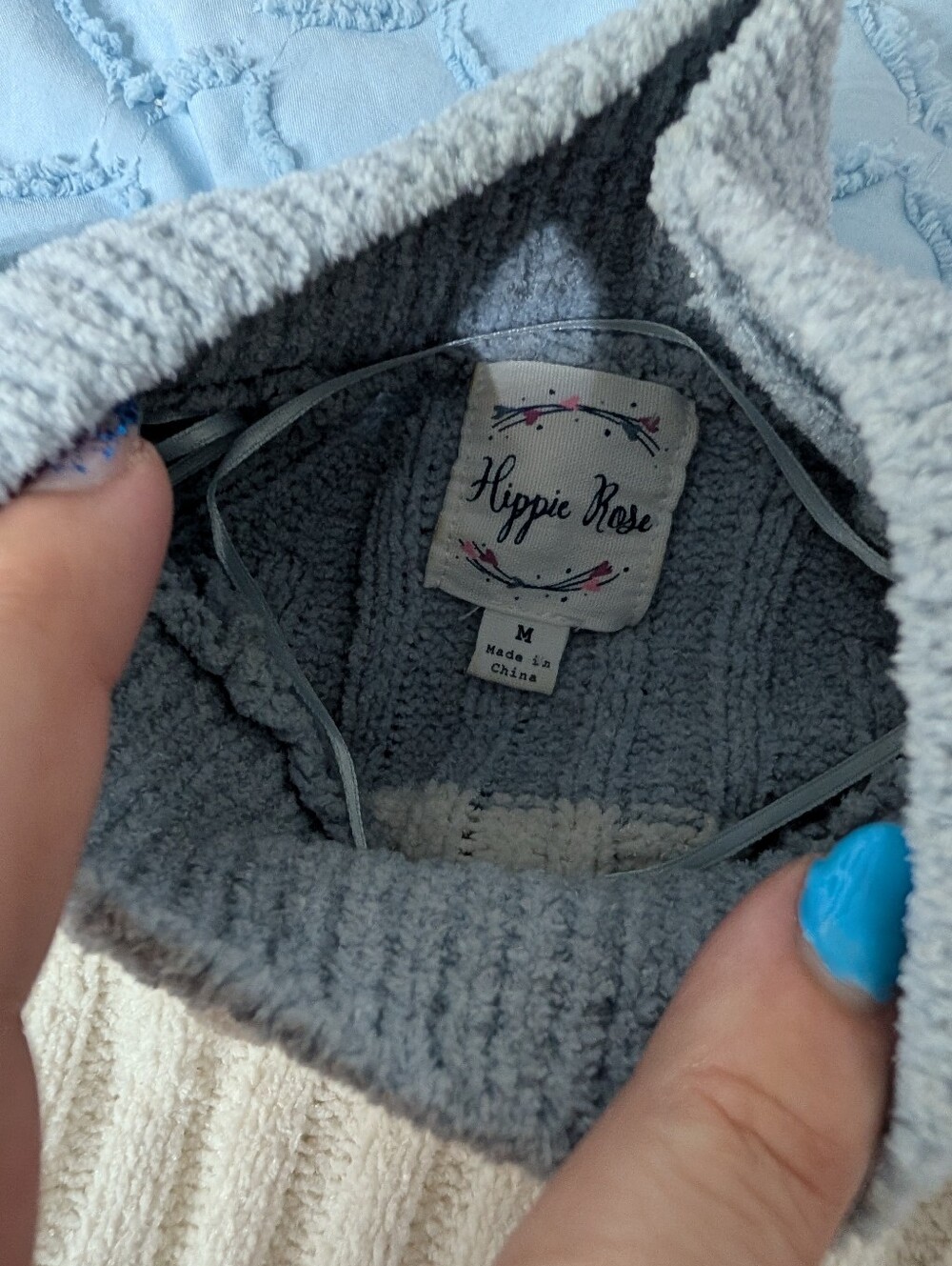 Hippie Rose Blue & White Cozy Cowl Neck Sweater
